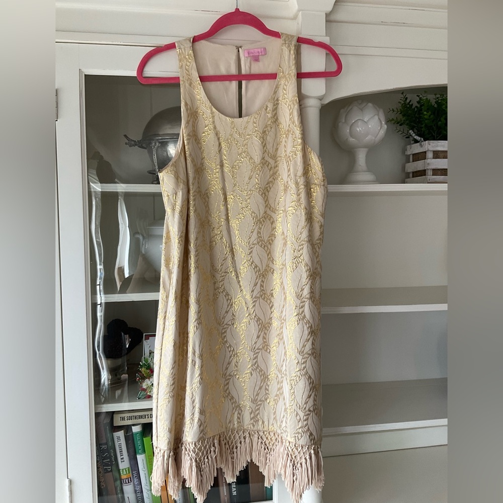 Lilly Pulitzer Marquette Shift Dress Gold & Ivory Fringe Like New Size L